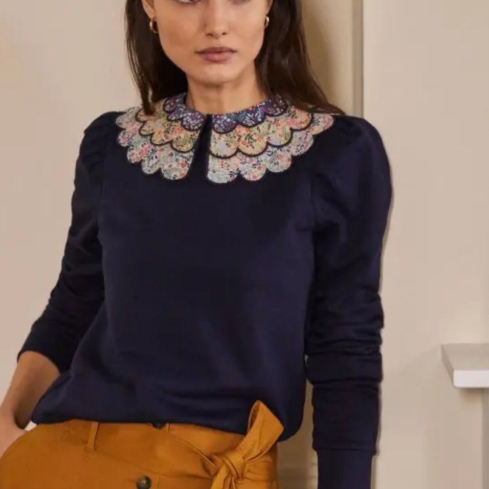 Navy Blue Embroidered Collar Women's Top